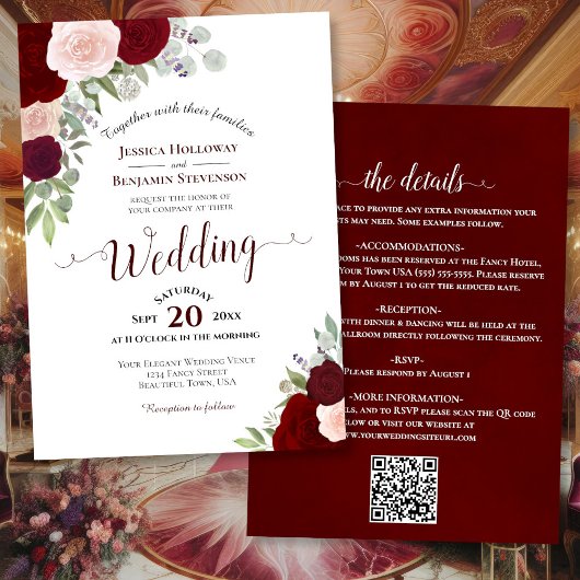 Rustic Boho Roses Burgundy Blush QR Code Wedding 招待状