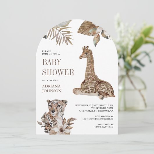 Rustic Boho Safari Leopard and Giraffe Baby Shower 招待状 (スタンド正面)