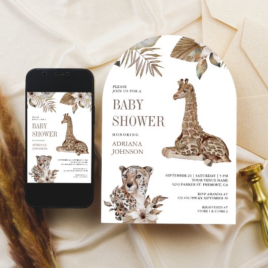 Rustic Boho Safari Leopard and Giraffe Baby Shower 招待状