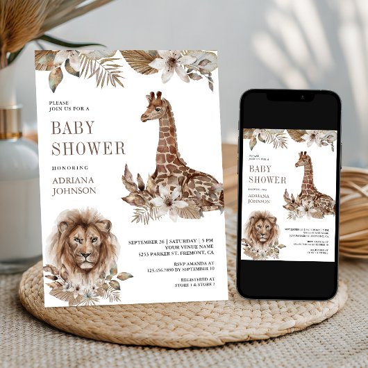 Rustic Boho Safari Lion and Giraffe Baby Shower 招待状