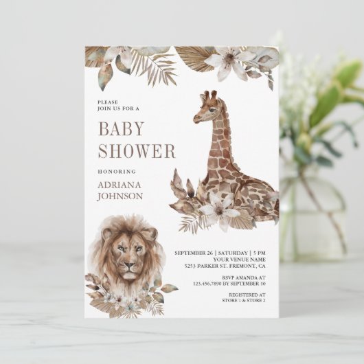 Rustic Boho Safari Lion and Giraffe Baby Shower 招待状 (スタンド正面)