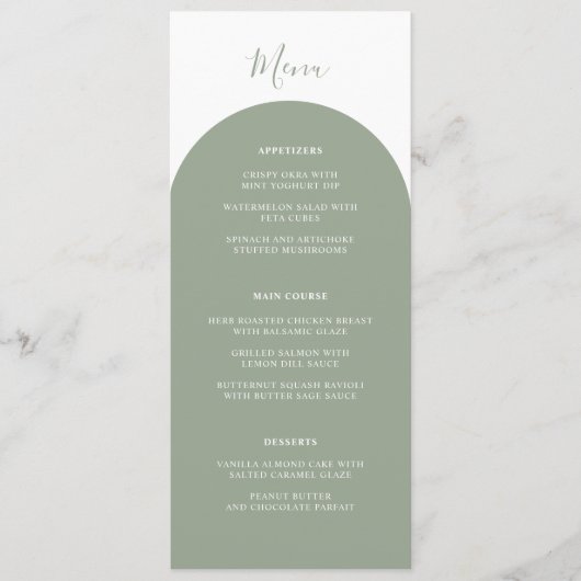 Rustic Boho Sage Green Arches Retro Wedding Dinner メニュー (正面)