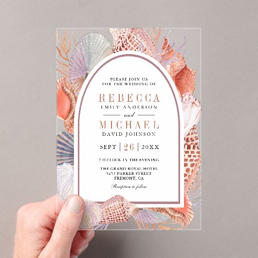 Rustic Boho Seashells Nautical Wedding アクリル招待状 (インサイチュ (ポータブル))