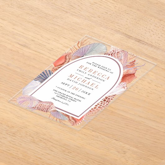 Rustic Boho Seashells Nautical Wedding アクリル招待状 (レイダウン)