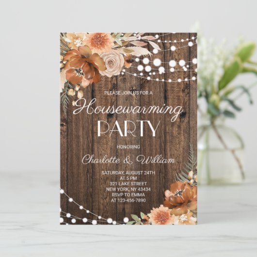 Rustic Boho Terracotta Floral Housewarming Party 招待状 (スタンド正面)