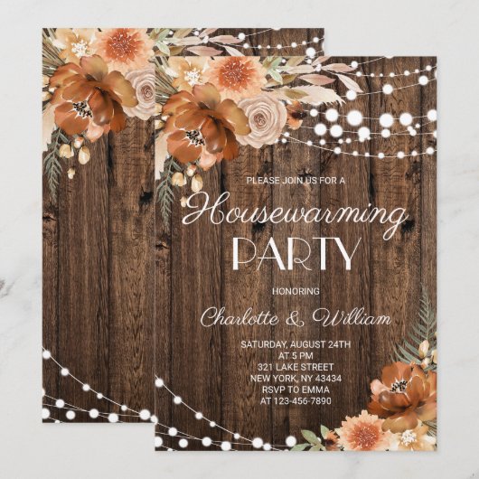 Rustic Boho Terracotta Floral Housewarming Party 招待状 (正面/裏面)