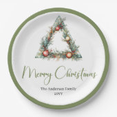Rustic Boho Watercolor Christmas Tree Festive ペーパープレート (正面)