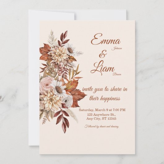 Rustic Boho Wedding Invitation | Beige Floral Card 招待状 (正面)
