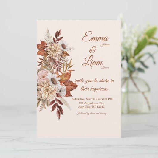 Rustic Boho Wedding Invitation | Beige Floral Card 招待状 (スタンド正面)