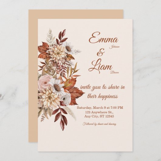 Rustic Boho Wedding Invitation | Beige Floral Card 招待状 (正面/裏面)