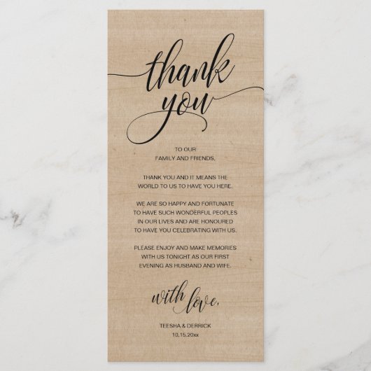 Rustic Boho Wedding Reception Thank You Card プログラム (正面)