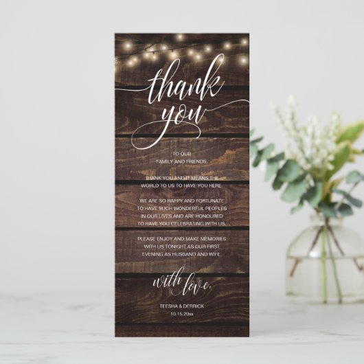 Rustic Boho Wedding Reception Thank You Card プログラム (スタンド正面)