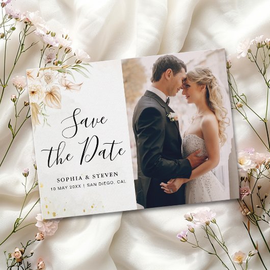 Rustic Boho Wedding with Neutral and Golden Floral ポストカード