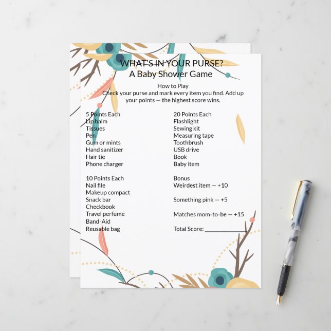 Rustic Boho What's In Your Purse Baby Shower Game (正面/裏面インサイチュ)