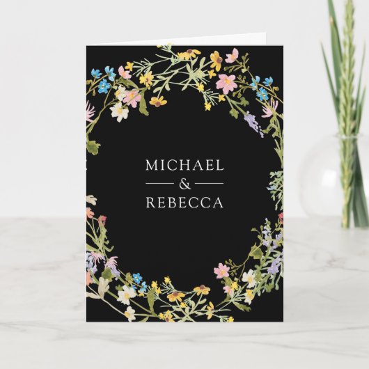 Rustic Boho Wildflower Photo QR Code Black Wedding 招待状 (正面)