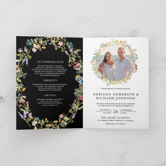 Rustic Boho Wildflower Photo QR Code Black Wedding 招待状 (内部)