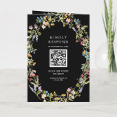 Rustic Boho Wildflower Photo QR Code Black Wedding 招待状 (裏面)