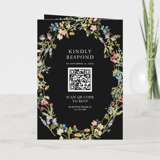 Rustic Boho Wildflower Photo QR Code Black Wedding 招待状 (裏面)
