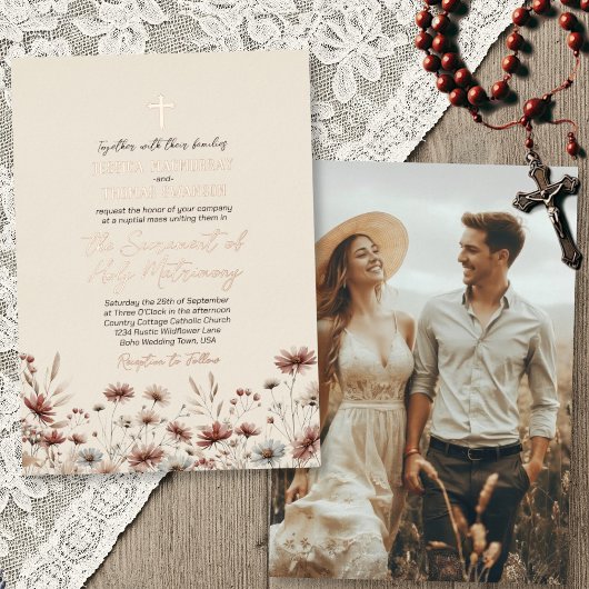 Rustic Boho Wildflowers Modern Catholic Wedding 箔招待状