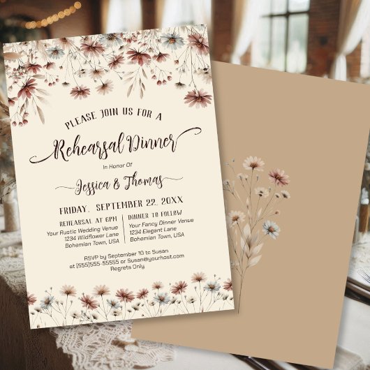 Rustic Boho Wildflowers Wedding Rehearsal & Dinner 招待状