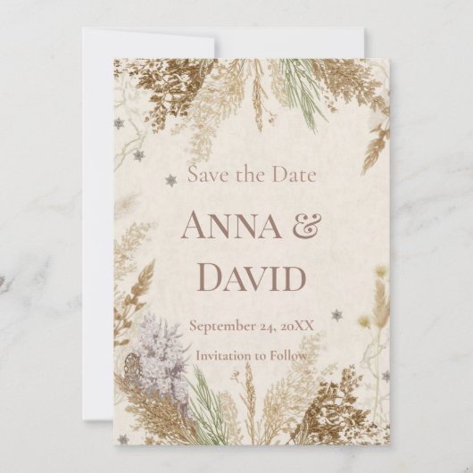 Rustic Boho Winter Save the Date with Pampas Grass 招待状 (正面)