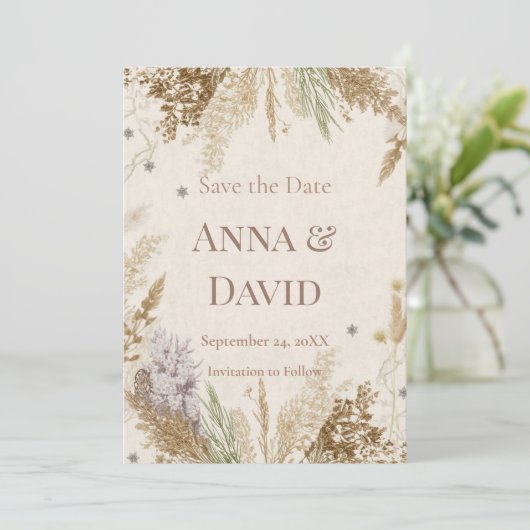 Rustic Boho Winter Save the Date with Pampas Grass 招待状 (スタンド正面)