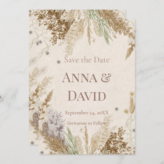 Rustic Boho Winter Save the Date with Pampas Grass 招待状 (正面/裏面)