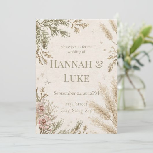 Rustic Boho Winter Wedding Invitation with Snow 招待状 (スタンド正面)