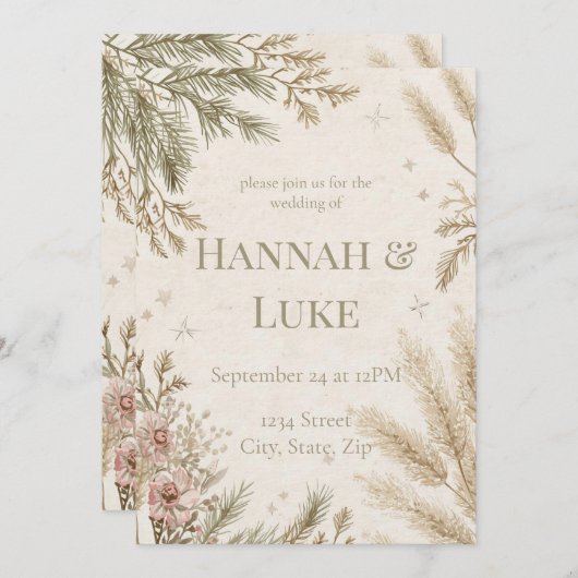 Rustic Boho Winter Wedding Invitation with Snow 招待状 (正面/裏面)