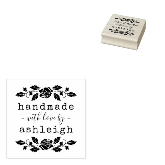 Rustic Bold Rose Handmade With Love Name ラバースタンプ (押印)