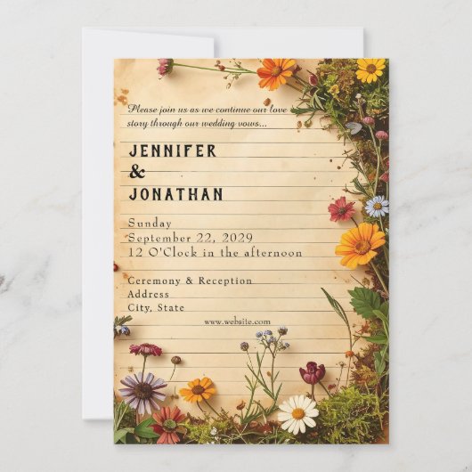 Rustic Book Lovers Print Floral Wedding Invitation 招待状 (正面)