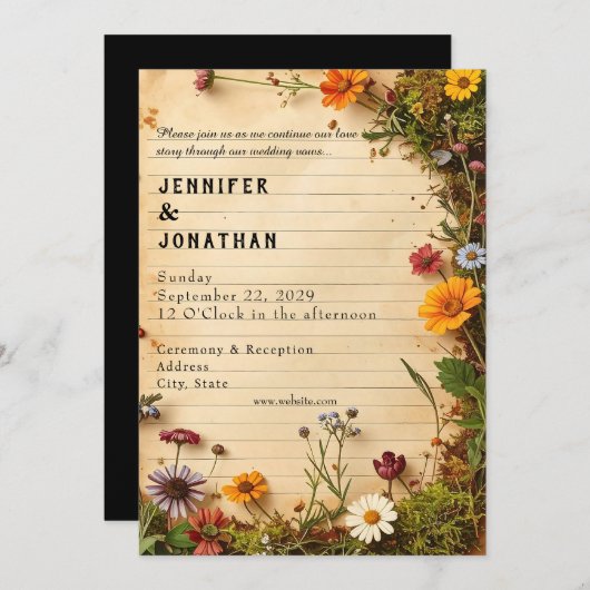 Rustic Book Lovers Print Floral Wedding Invitation 招待状 (正面/裏面)