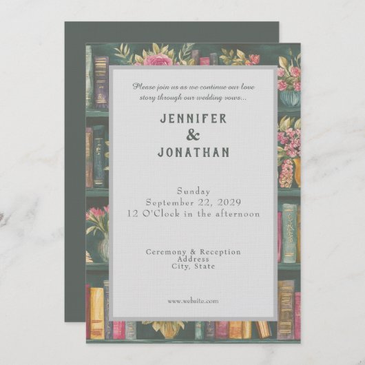 Rustic Book Lovers Print Floral Wedding Invitation 招待状 (正面/裏面)