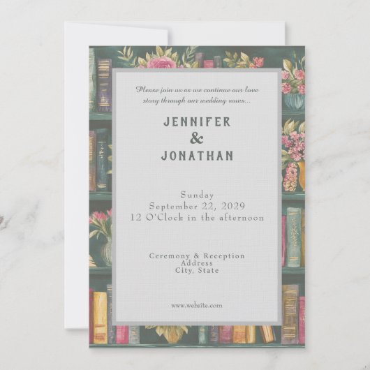 Rustic Book Lovers Print Floral Wedding Invitation 招待状 (正面)