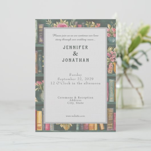 Rustic Book Lovers Print Floral Wedding Invitation 招待状 (スタンド正面)