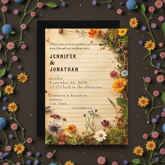 Rustic Book Lovers Print Floral Wedding Invitation 招待状