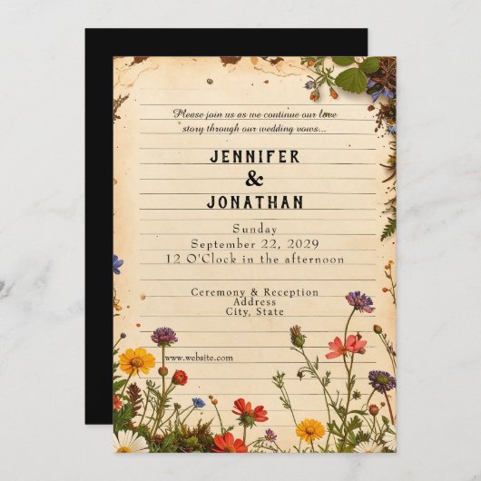 Rustic Book Lovers Print Floral Wedding Invitation 招待状 (正面/裏面)