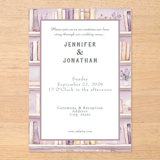 Rustic Book Lovers Print Wedding Invitation アクリル招待状 (正面)