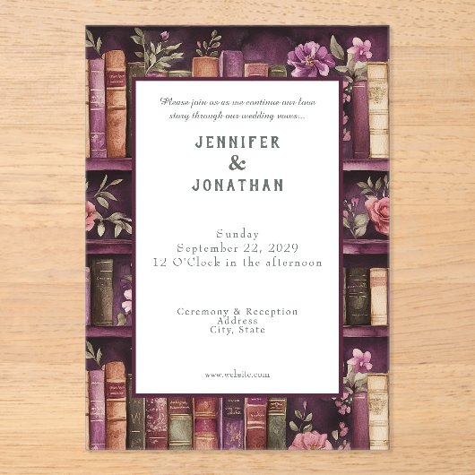 Rustic Book Lovers Print Wedding Invitation アクリル招待状 (正面)