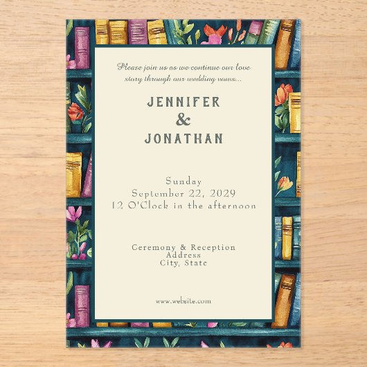 Rustic Book Lovers Print Wedding Invitation アクリル招待状 (正面)