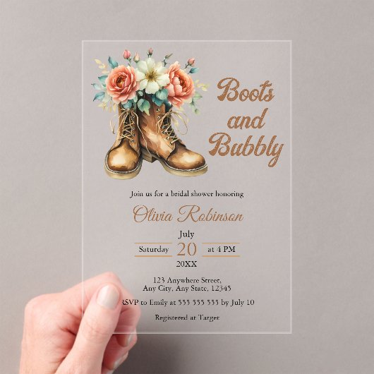 Rustic Boots and Bubbly Western Bridal Shower  アクリル招待状 (インサイチュ (ポータブル))