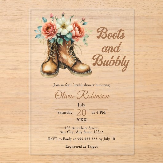 Rustic Boots and Bubbly Western Bridal Shower  アクリル招待状 (正面)