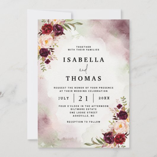 Rustic Bordeaux Blush Floral Wedding Invitation 招待状 (正面)