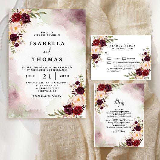 Rustic Bordeaux Blush Floral Wedding Invitation 招待状