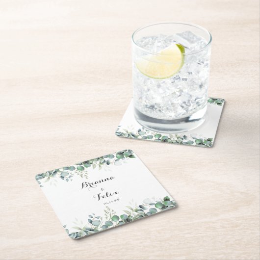 Rustic Botanical Eucalyptus Greenery Wedding スクエアペーパーコースター (インサイチュ)