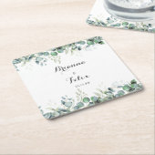 Rustic Botanical Eucalyptus Greenery Wedding スクエアペーパーコースター (アングル)