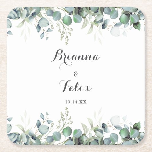 Rustic Botanical Eucalyptus Greenery Wedding スクエアペーパーコースター (正面)
