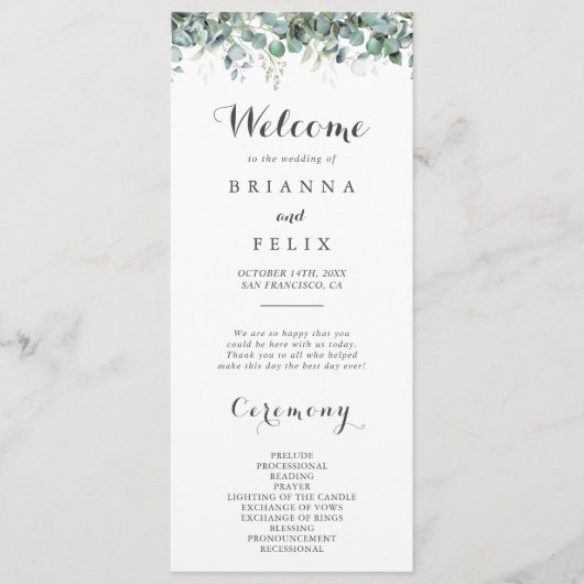 Rustic Botanical Eucalyptus Greenery Wedding プログラム (正面)