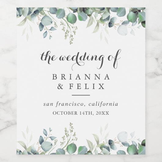 Rustic Botanical Eucalyptus Greenery Wedding ワインラベル (シングルラベル)