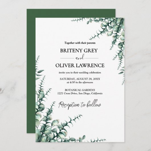 Rustic Botanical Eucalyptus Greenery Wedding 招待状 (正面/裏面)